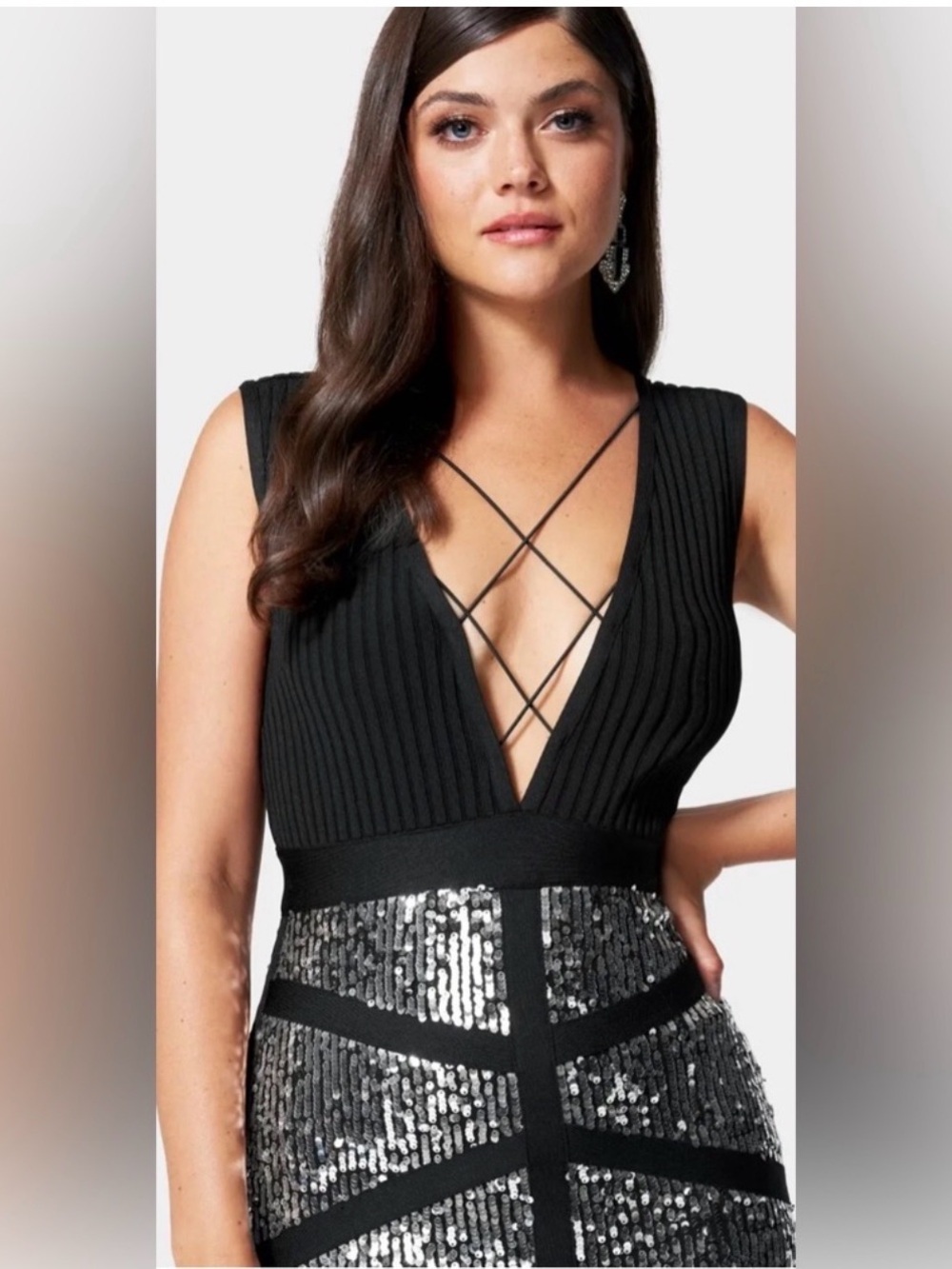 BEBE black silver SEQUIN BANDAGE STRAPPY MIDI DRESS - Rare - Medium - Picture 4 of 9